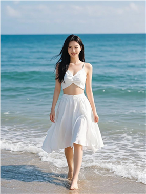 夏日海边性感白裙美女图片